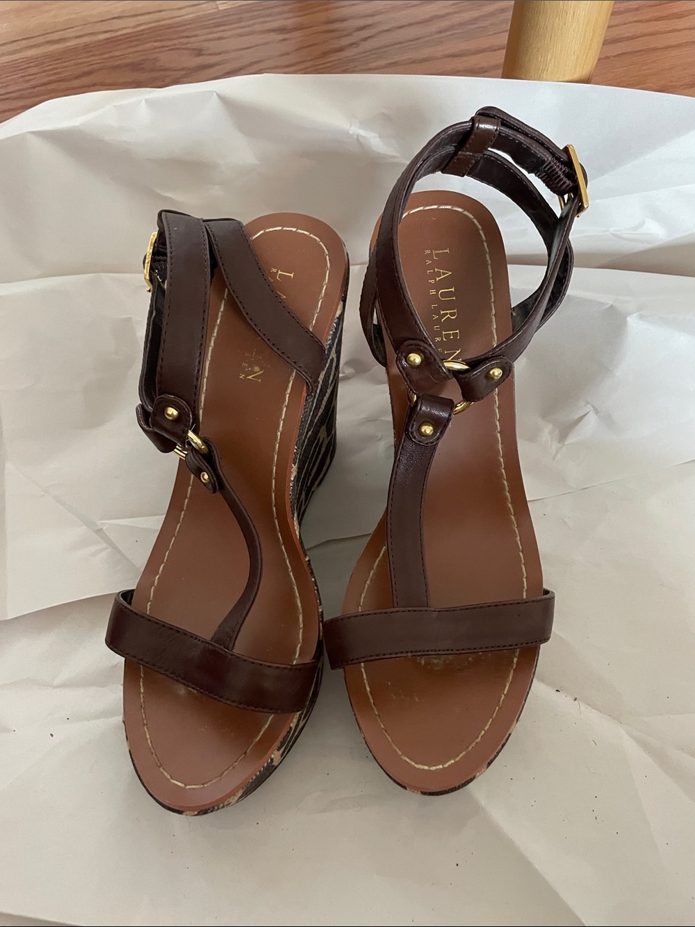 Lauren Ralph Lauren Dark Brown Leather T-Strap Wedge Sandals